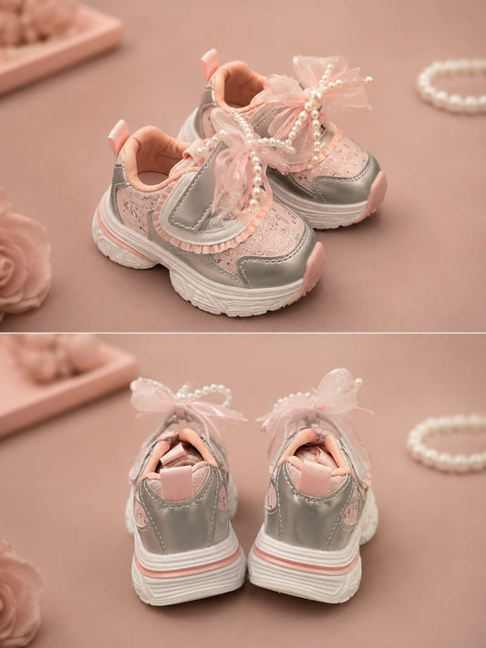 WANSTER Girls Pearl Bow Sneakers | Stylish Casual Shoes for Girls (EU 21–25)