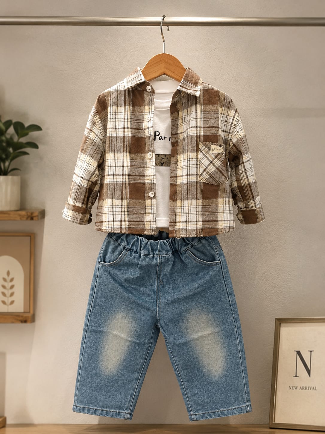 Boys 3-Piece Brown Checked Shirt, Printed T-Shirt & Denim Jeans Set | Casual Outfit | 1-5 Years