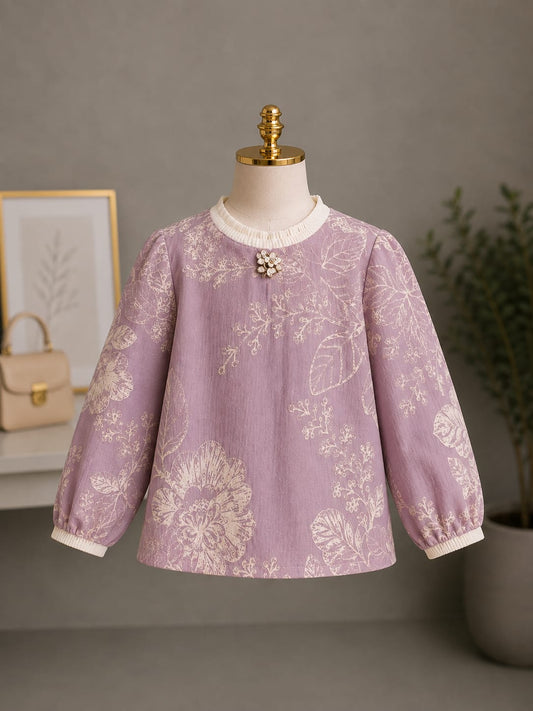 Girls Lavender Floral Printed Full Sleeve Top