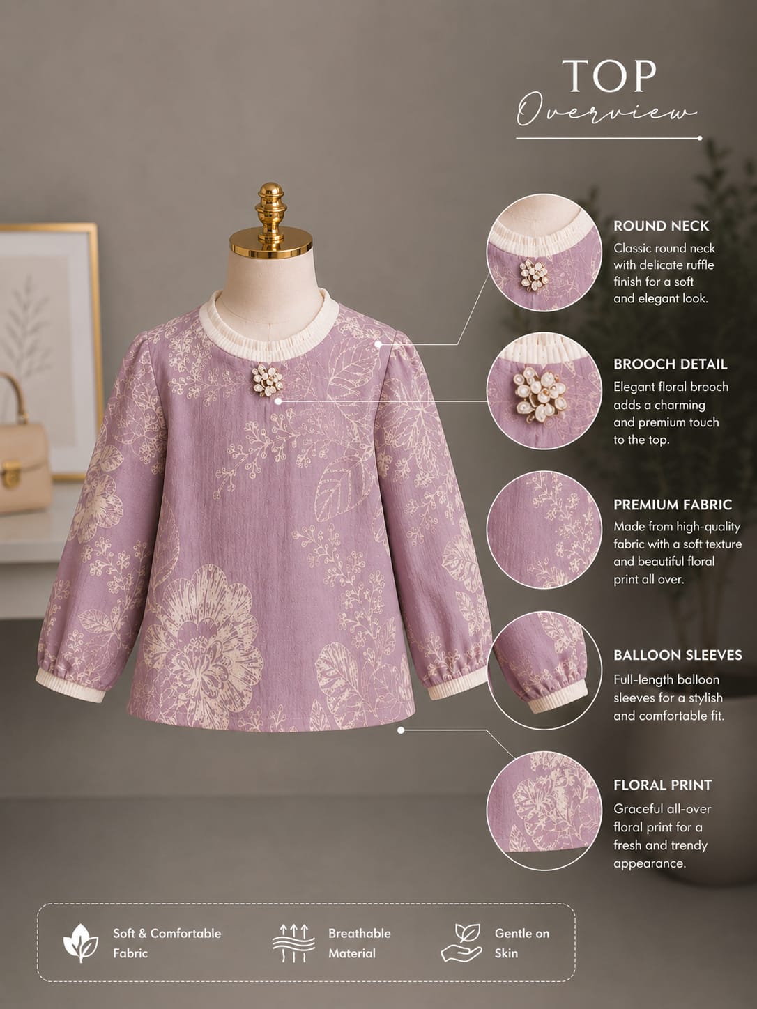Girls Lavender Floral Printed Full Sleeve Top