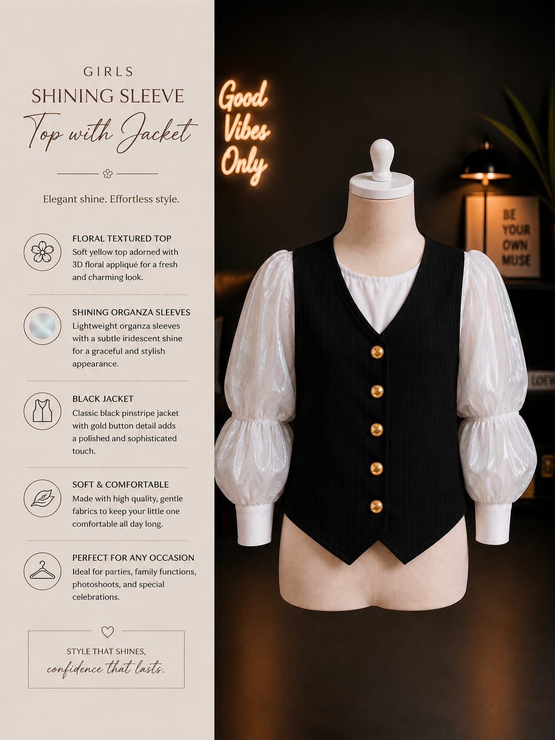 Girls Black Waistcoat Style Puff Sleeve Top