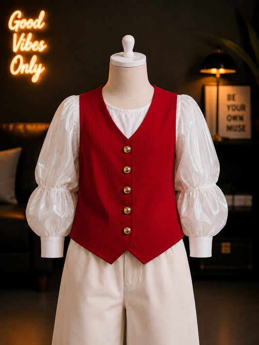Girls Red Waistcoat Style Puff Sleeve Top