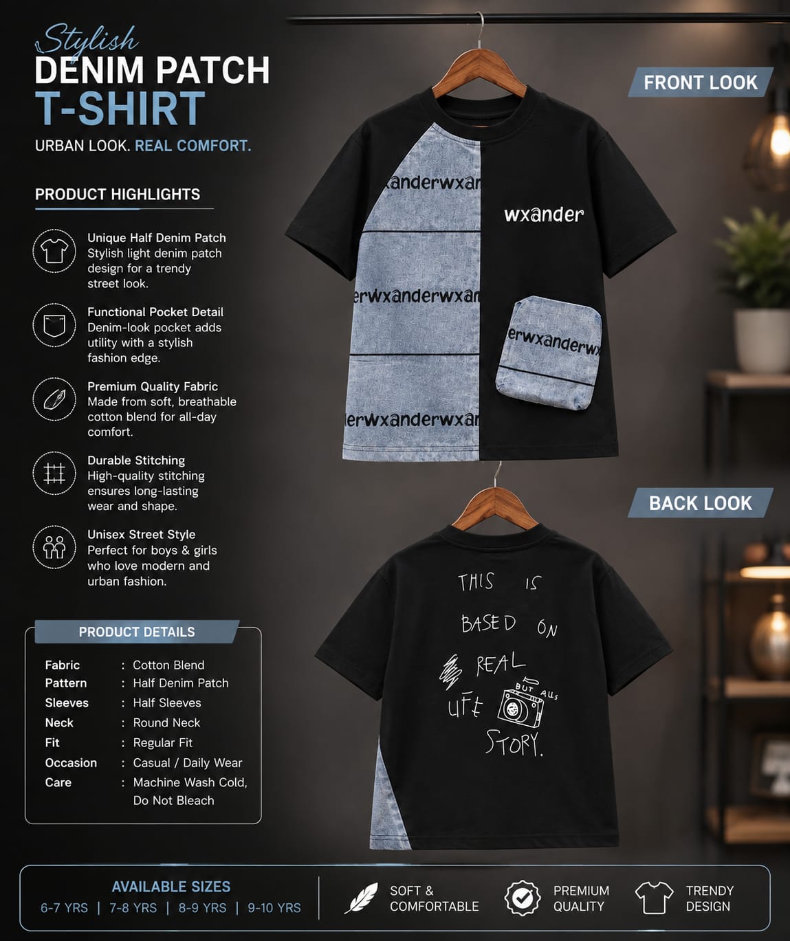 Boys Black & Denim Patchwork Graphic T-Shirt