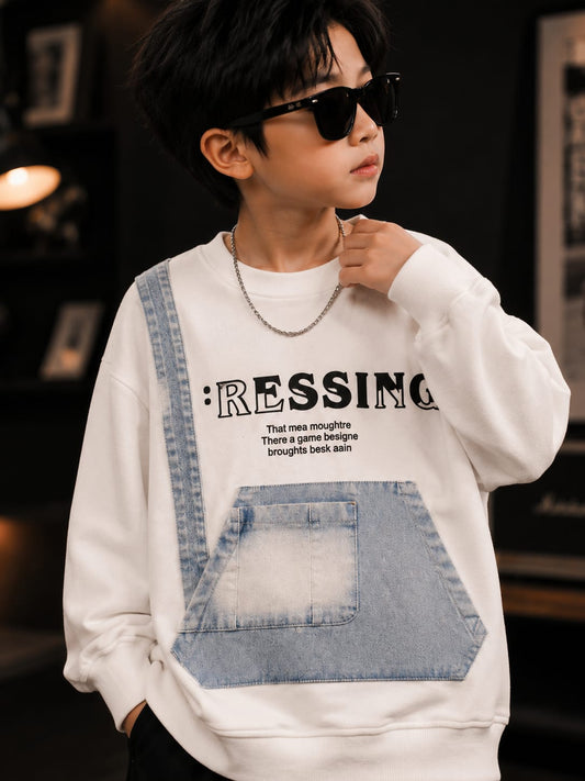 White Denim Patch Sweatshirt for Kids | Stylish Full Sleeve Graphic Sweatshirt with Denim Pocket & Strap Detail | Korean-Inspired Casual Winter Wear