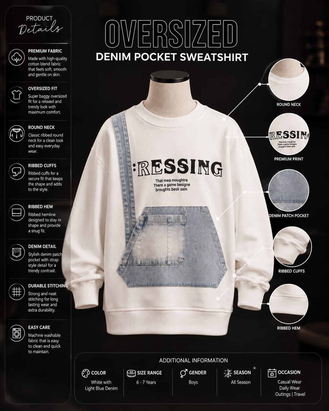 White Denim Patch Sweatshirt for Kids | Stylish Full Sleeve Graphic Sweatshirt with Denim Pocket & Strap Detail | Korean-Inspired Casual Winter Wear