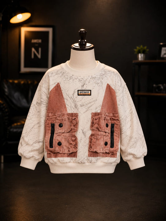 Kids Premium Cream Printed Cargo Pocket Sweatshirt | Trendy Full Sleeve Utility Style Winter Sweatshirt for Boys