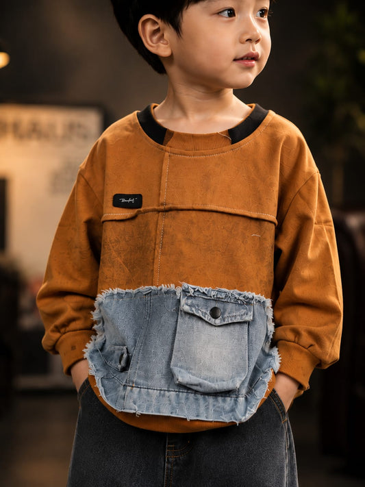 Rust Orange Denim Patch Sweatshirt for Kids | Stylish Full Sleeve Sweatshirt with Large Frayed Denim Utility Pocket | Korean-Inspired Streetwear Winter Fashion