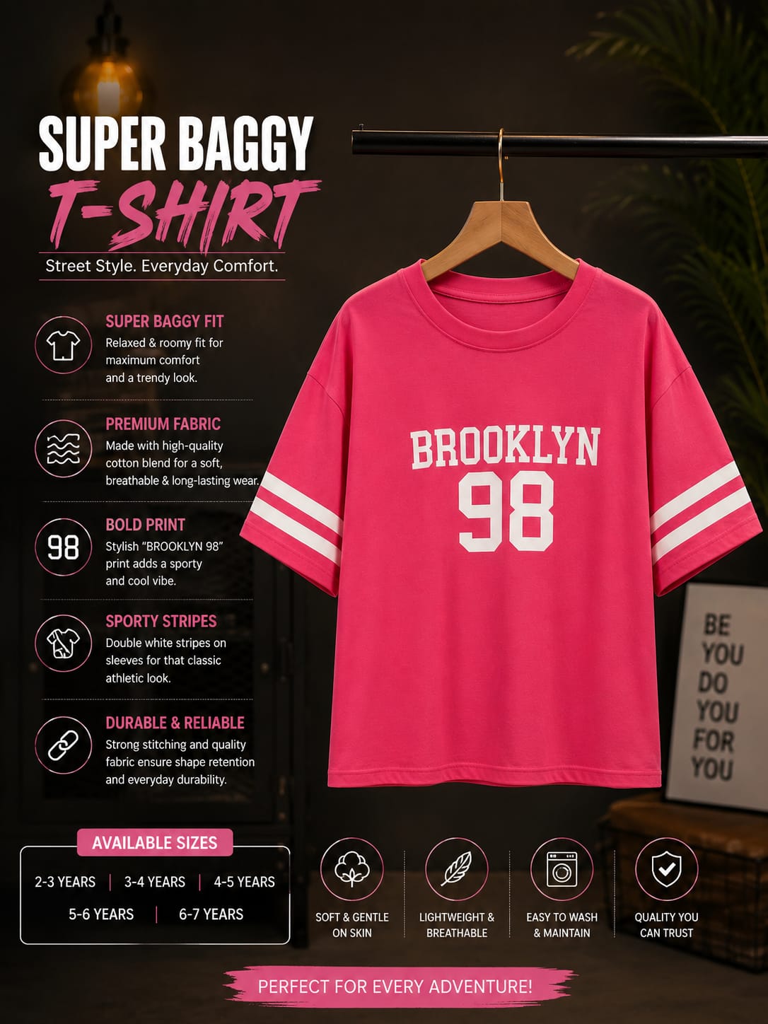 Girls Pink Brooklyn 98 Printed Oversized T-Shirt | Trendy Sports Style Half Sleeve Casual Top for Kids