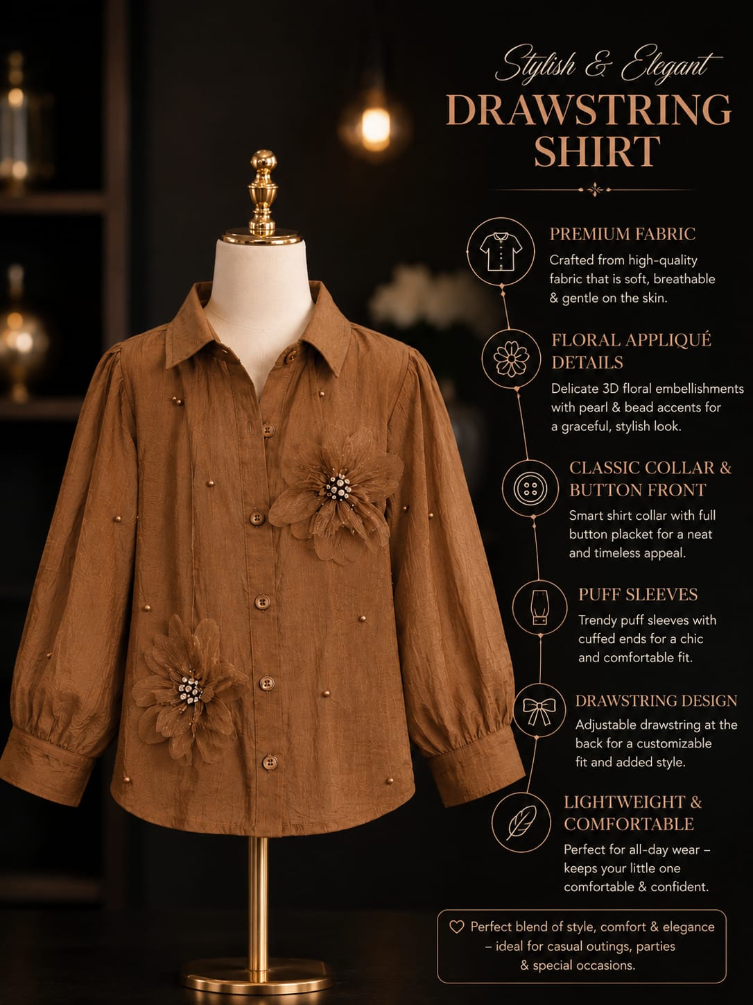 Girls Premium Brown Floral Embellished Full Sleeve Shirt | Elegant Party & Casual Wear for Kids