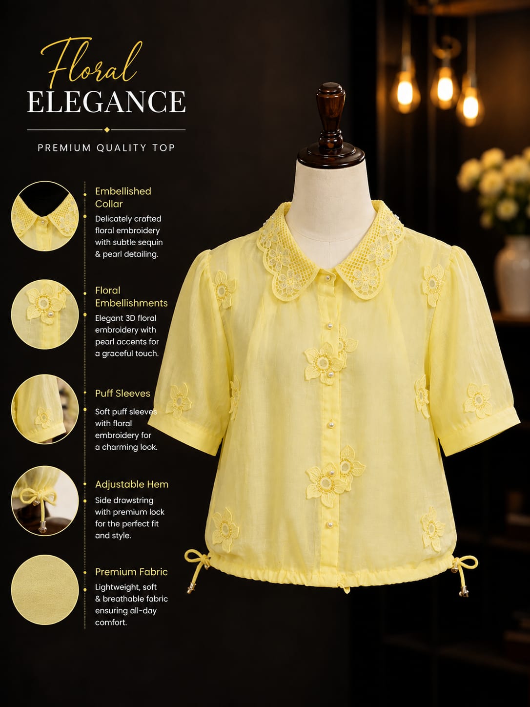 Girls Yellow Floral Embroidered Shirt | Stylish Peter Pan Collar Half Sleeve Top with Drawstring Hem | Korean-Inspired Casual Fashion for Kids