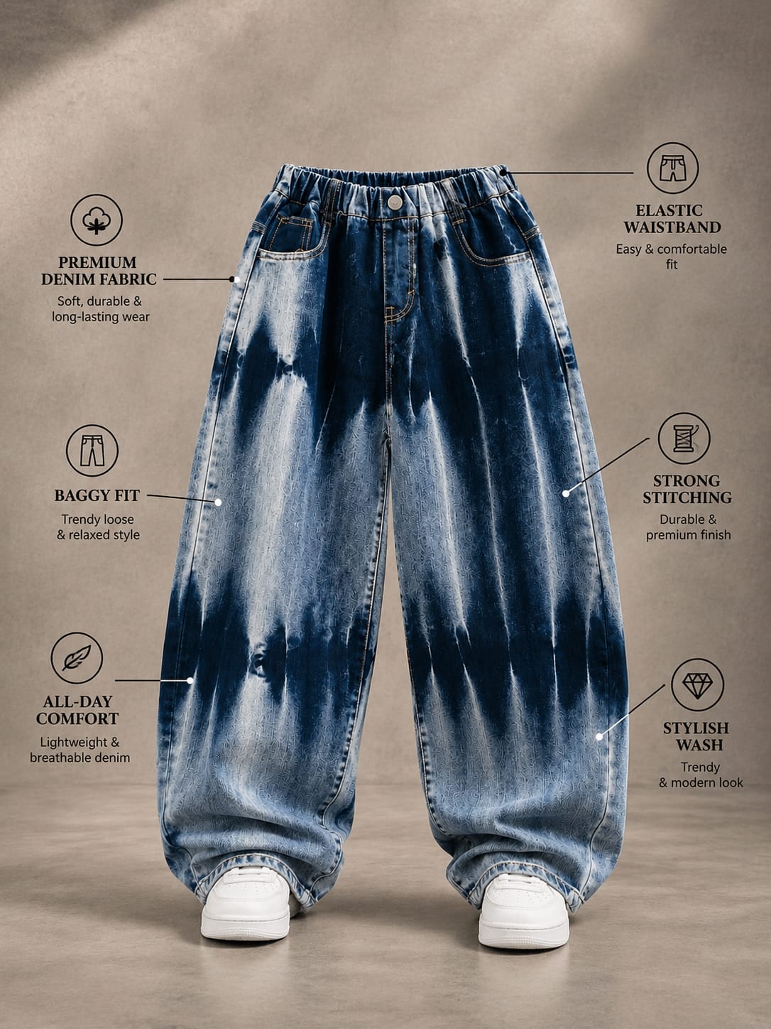 Girls Tie-Dye Baggy Denim Jeans | Korean Streetwear Wide Leg Jeans | 6-11 Years