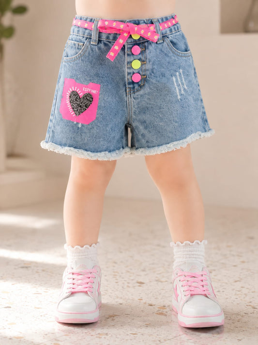 Girls Cute Heart Patch Denim Shorts with Belt |6 Months - 5 Years