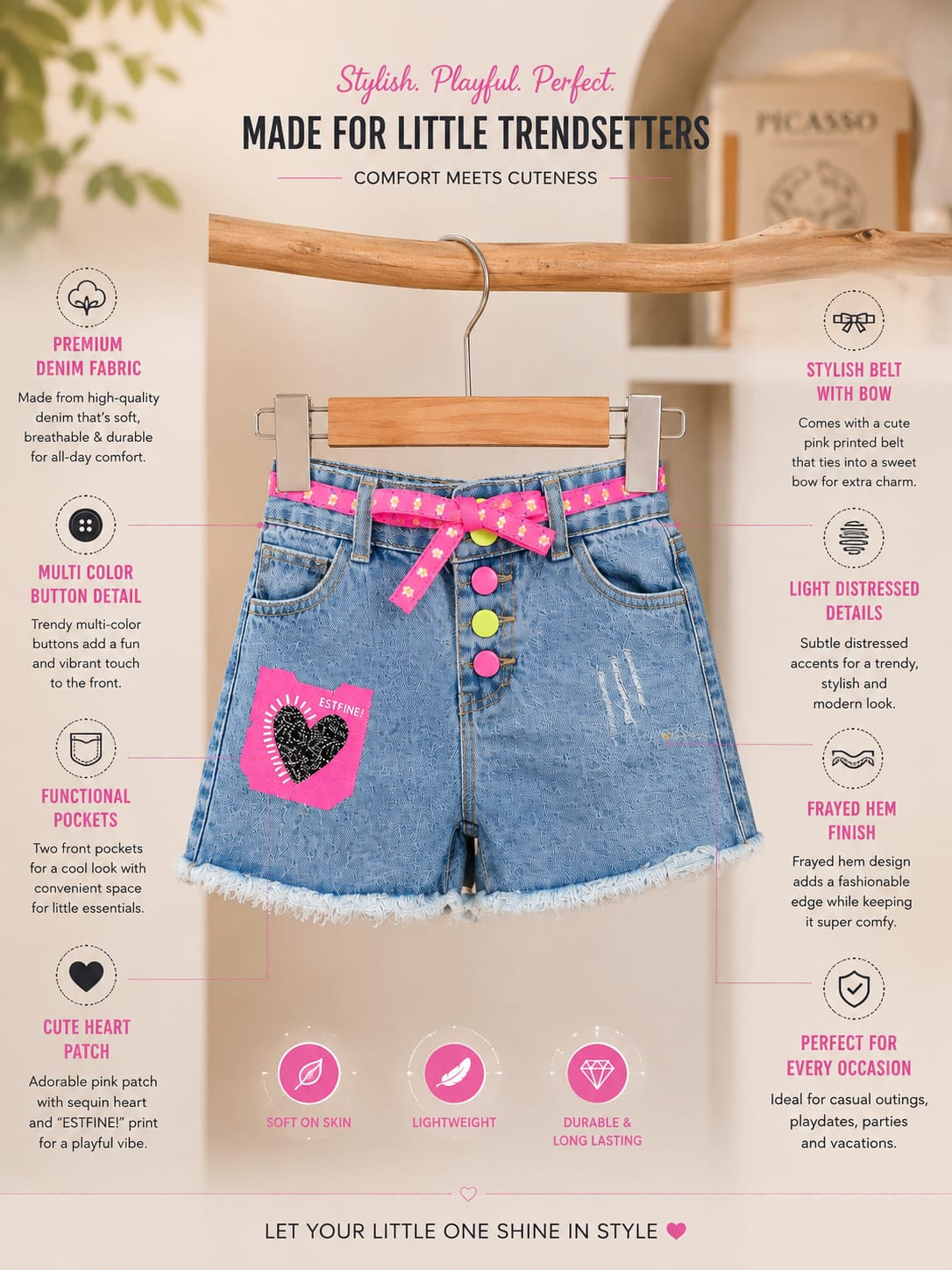 Girls Cute Heart Patch Denim Shorts with Belt |6 Months - 5 Years