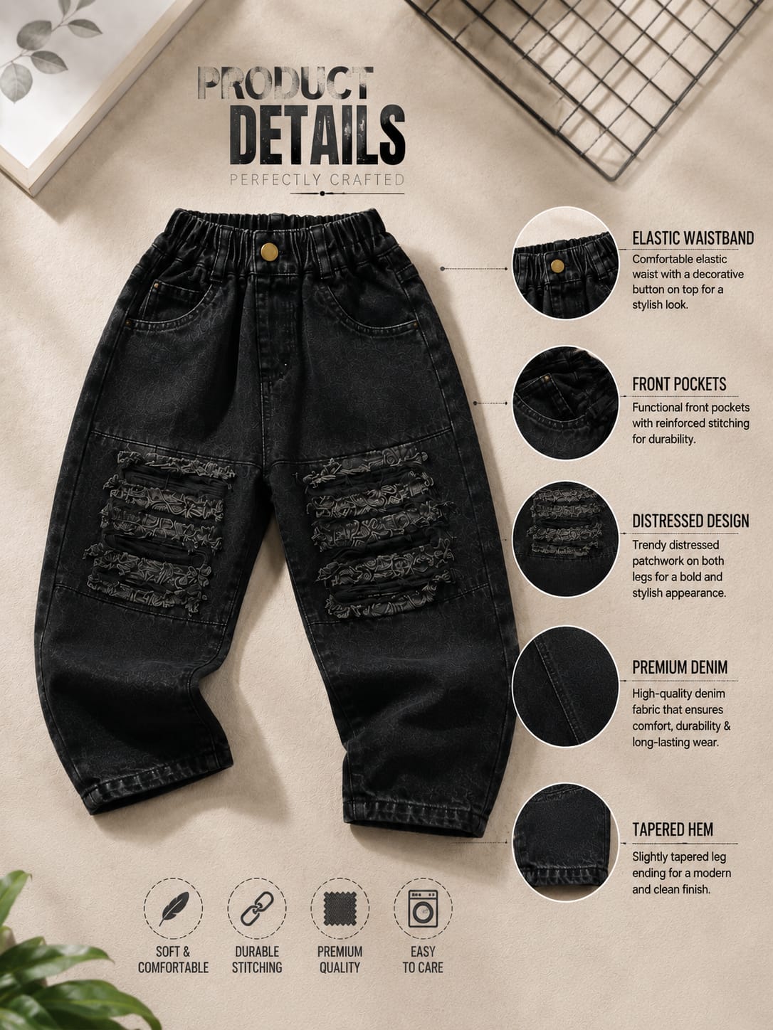 Boys Black Distressed Baggy Denim Jeans | Trendy Streetwear Jogger Fit Jeans | 1-6 Years