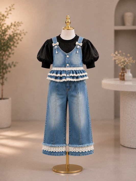 Girls Denim Lace Ruffle Co-Ord Set | Stylish Denim Top & Wide Leg Pants Set | 1-6 Years