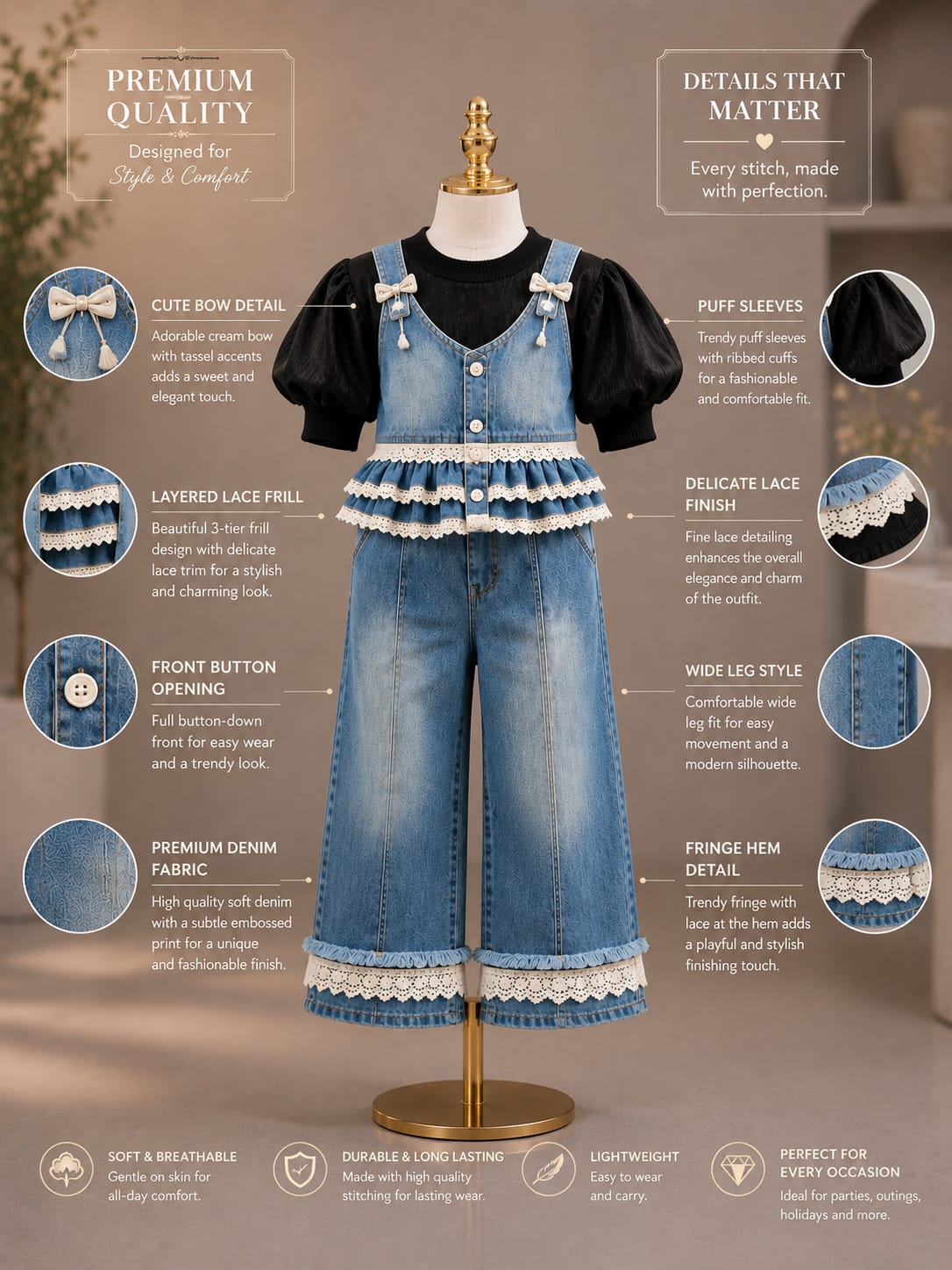 Girls Denim Lace Ruffle Co-Ord Set | Stylish Denim Top & Wide Leg Pants Set | 1-6 Years