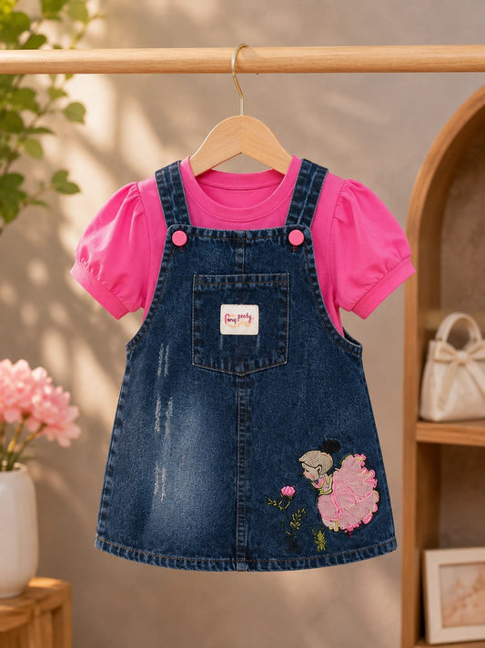 Girls Denim Pinafore Dress with Pink Sleeve T-Shirt Set | Cute Casual Outfit | 1-6 Years