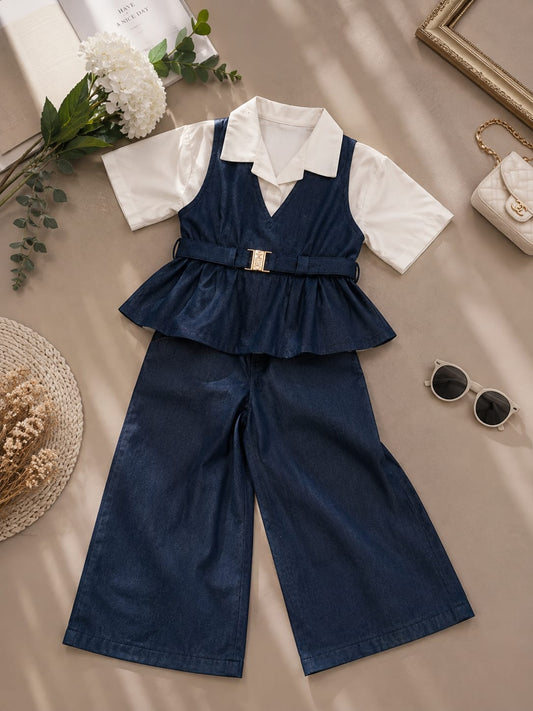 Girls Denim Peplum Top & Wide Leg Pant Co-Ord Set | Stylish Party Wear Outfit | 1-6 Years