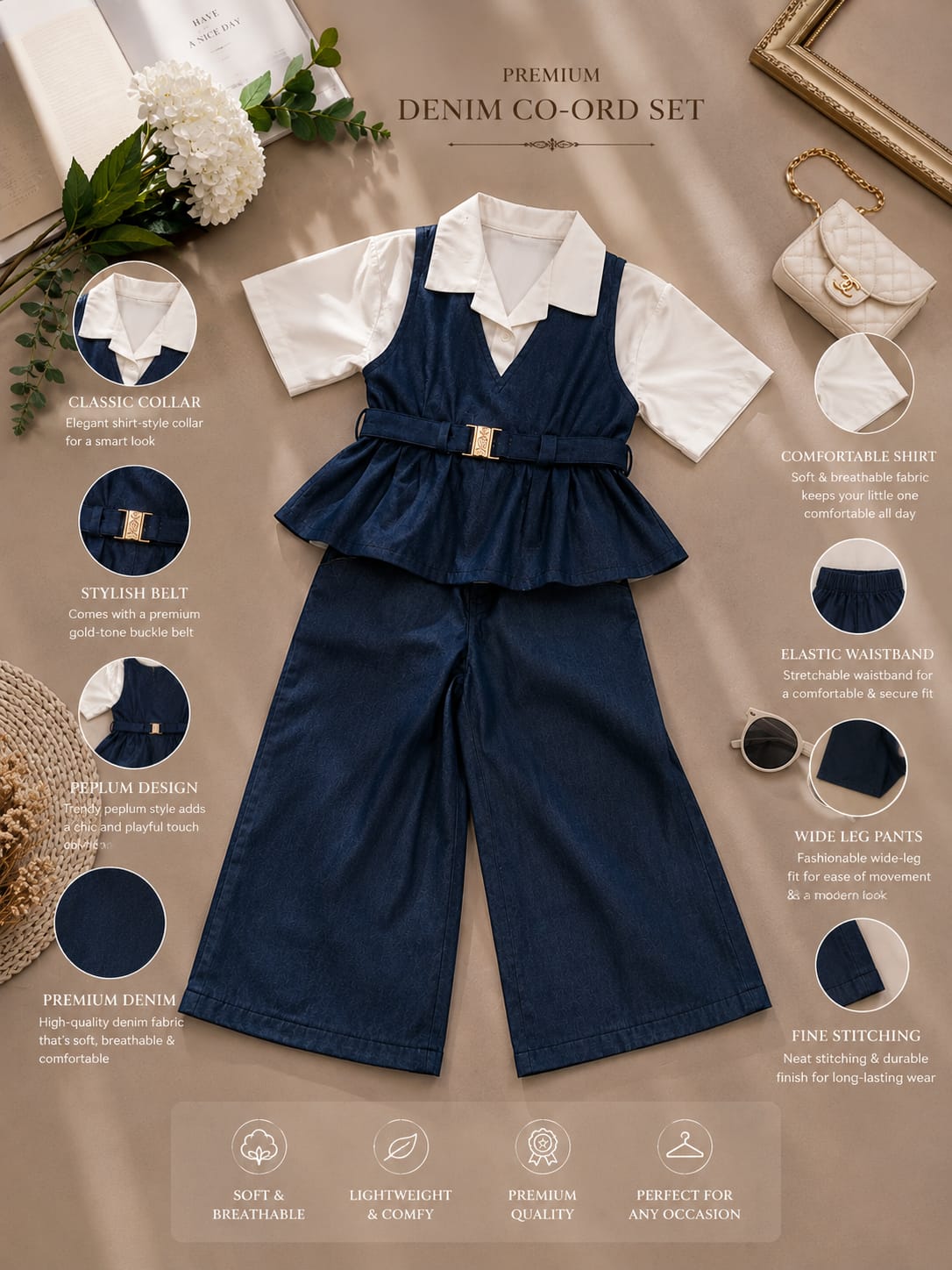 Girls Denim Peplum Top & Wide Leg Pant Co-Ord Set | Stylish Party Wear Outfit | 1-6 Years