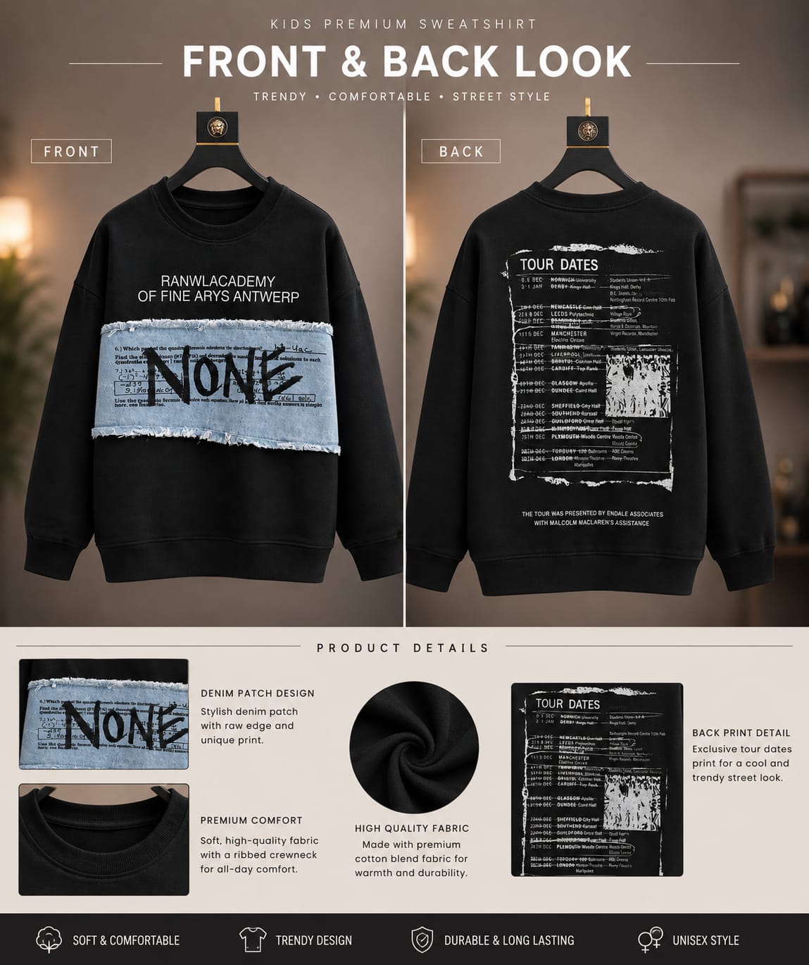Boys Black Denim Patch Graphic Sweatshirt | Casual Winter Wear (6-11 Years)