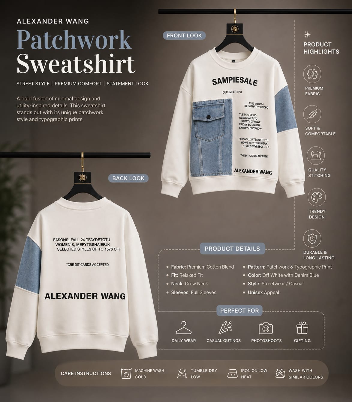 Boys Denim Pocket Patch Graphic Sweatshirt | Casual Winter Wear for Kids (6-11 Years)