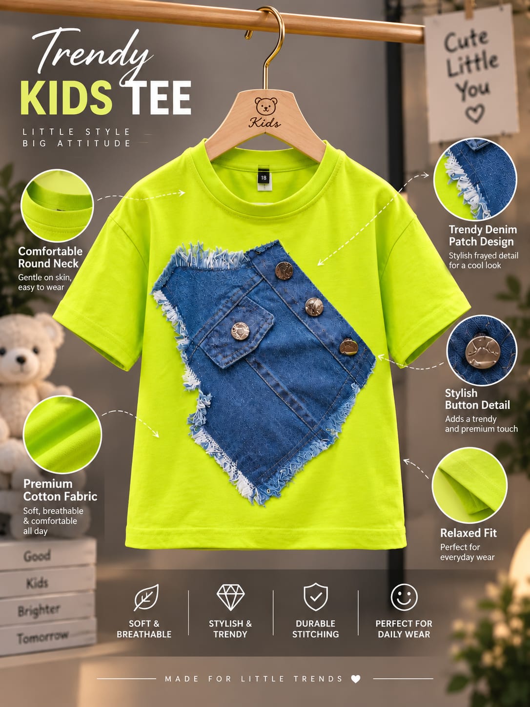 Baby Girls Neon Green Denim Patch Applique Cotton T-Shirt | Casual Summer Wear for 6 Months to 4 Years