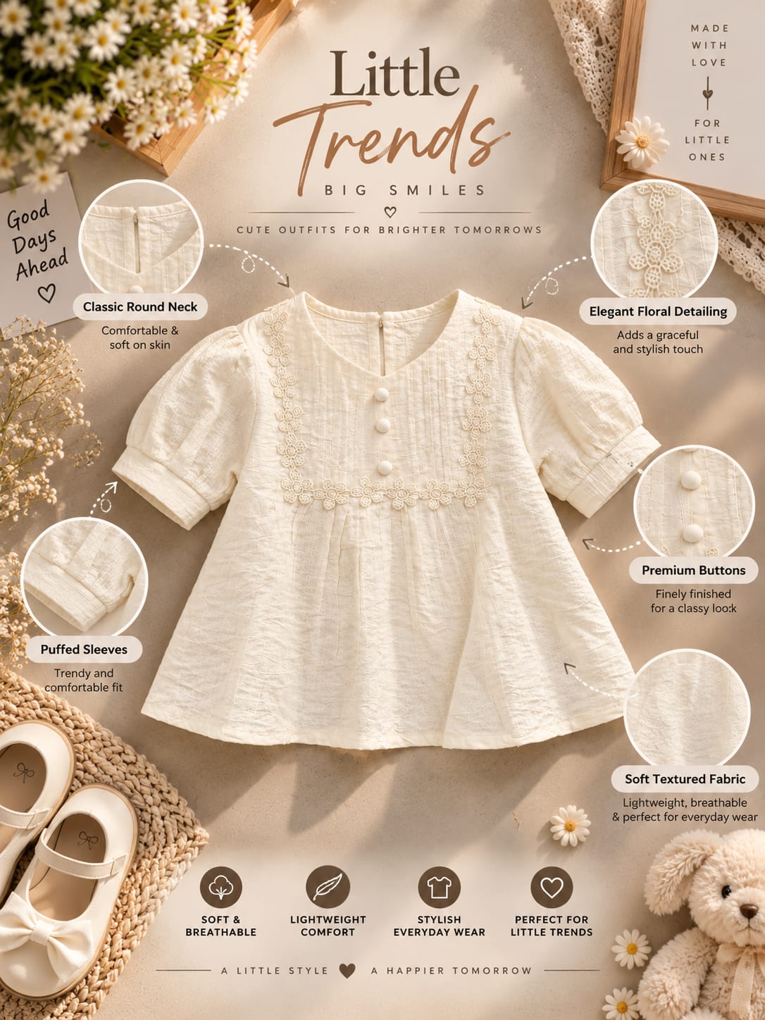 Baby Girls Elegant Lace Puff Sleeve Cotton Top | Soft Summer Party & Casual Wear Top (6 Months–4 Years)