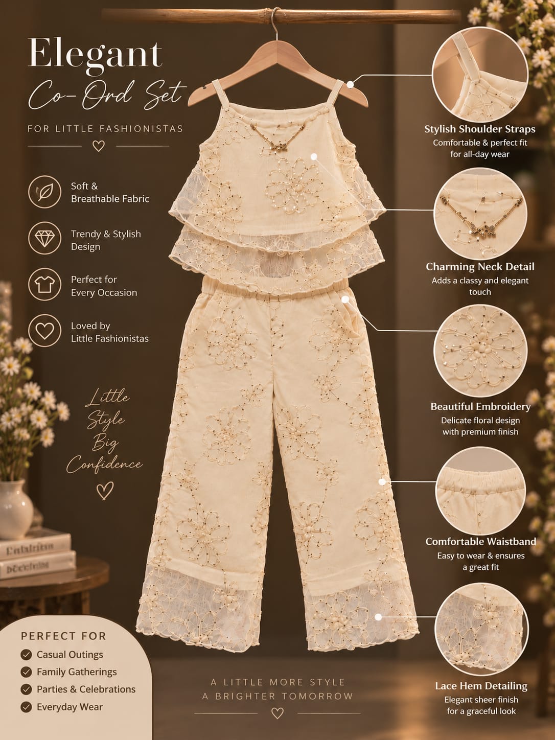 Girls Premium Floral Embroidered Co-ord Set | Party Wear Top & Palazzo Set | 1-5 Years