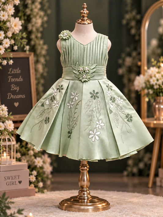 Girls Premium Floral Embroidered Party Dress with 3D Flower Waist Design, Elegant Pleated Bodice & Princess Flare | 6M-4Y