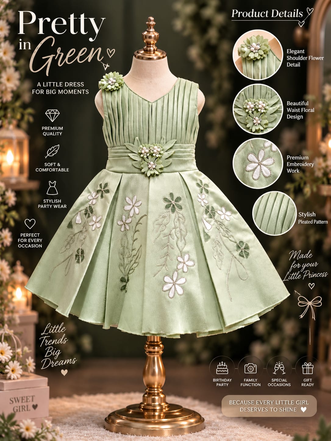 Girls Premium Floral Embroidered Party Dress with 3D Flower Waist Design, Elegant Pleated Bodice & Princess Flare | 6M-4Y