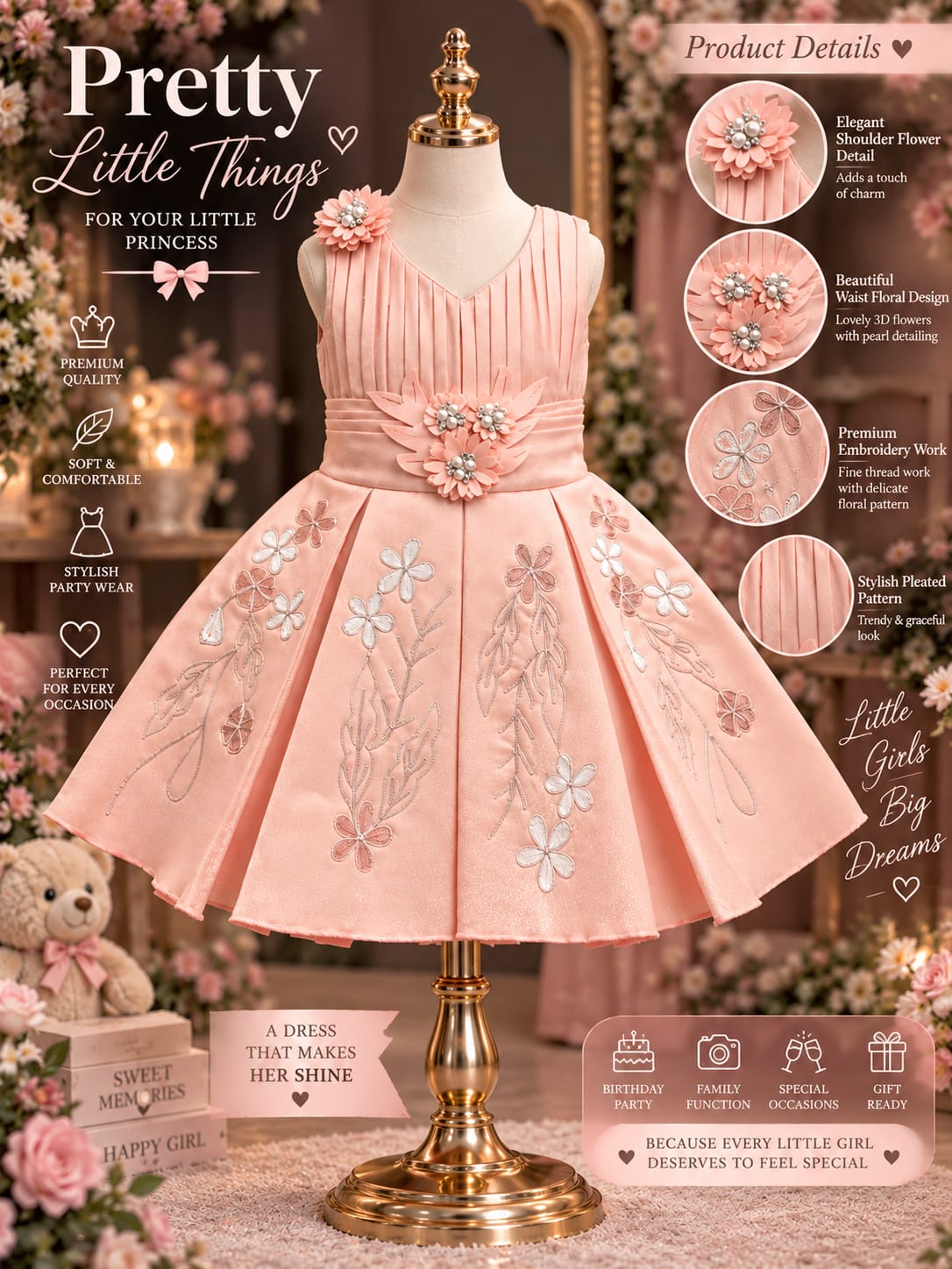 Girls Premium Floral Embroidered Party Dress with 3D Flower Waist Design & Elegant Pleated Bodice | 6M-4Y