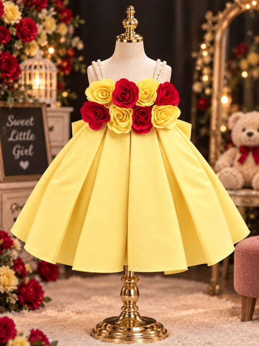 Girls Premium 3D Rose Applique Party Dress with Pearl Straps & Flared Princess Silhouette | 6M-4Y