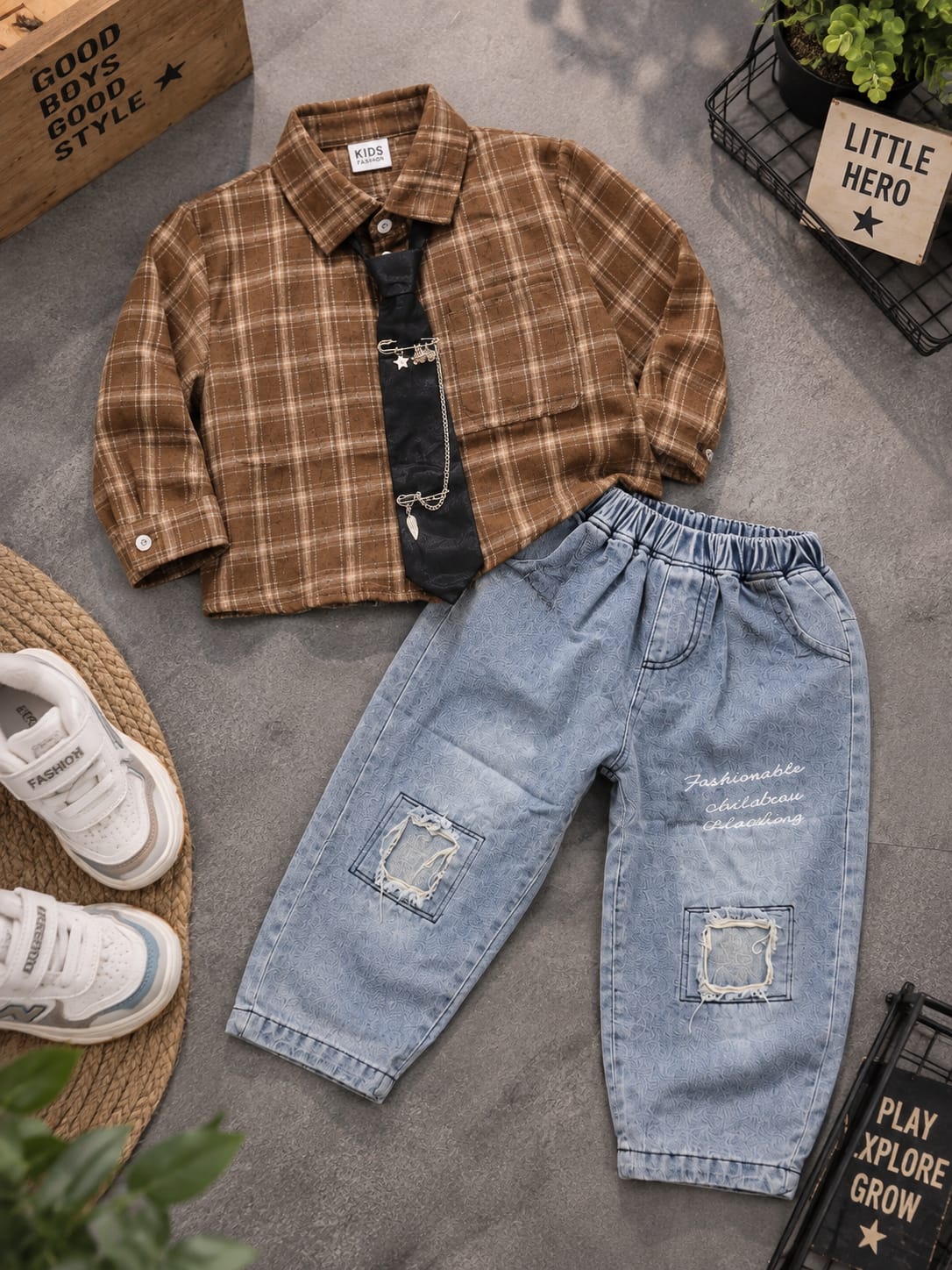 Boys 3-Piece Smart Casual Outfit Set | Check Shirt, Tie & Denim Jogger Pants | 1-6 Years