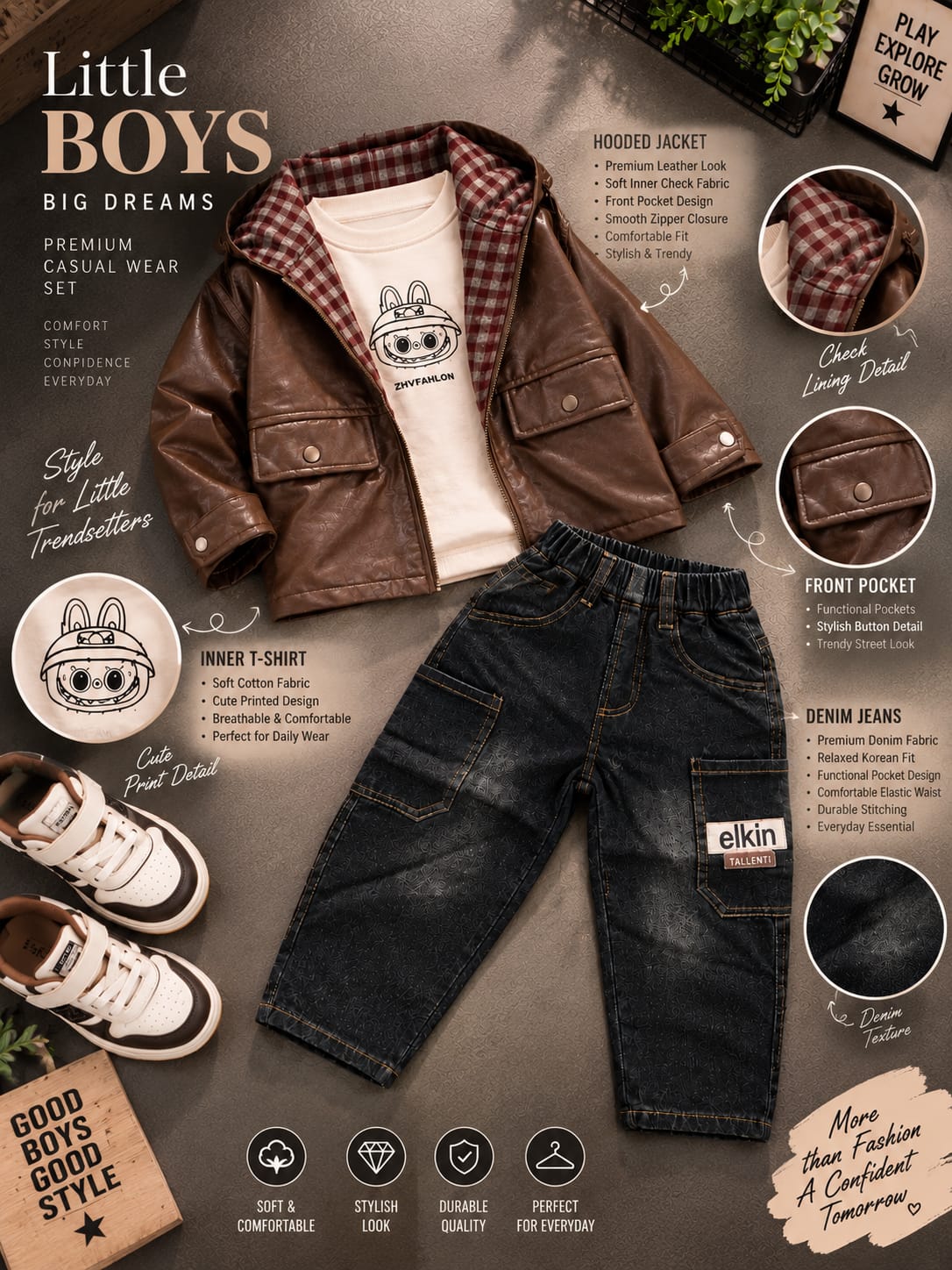Boys Premium Winter Leather Jacket 3-Piece Outfit Set | Jacket + T-Shirt + Denim Cargo Pant | 2-7 Years