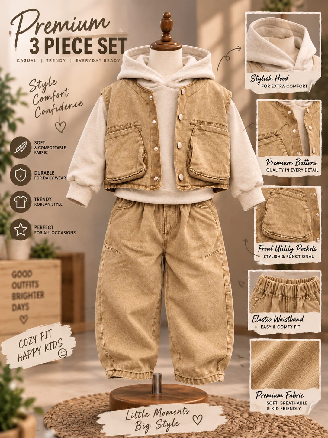 Boys Premium Hoodie & Utility Vest Co-Ord Set | Korean Streetwear Winter Outfit | 1-6 Years