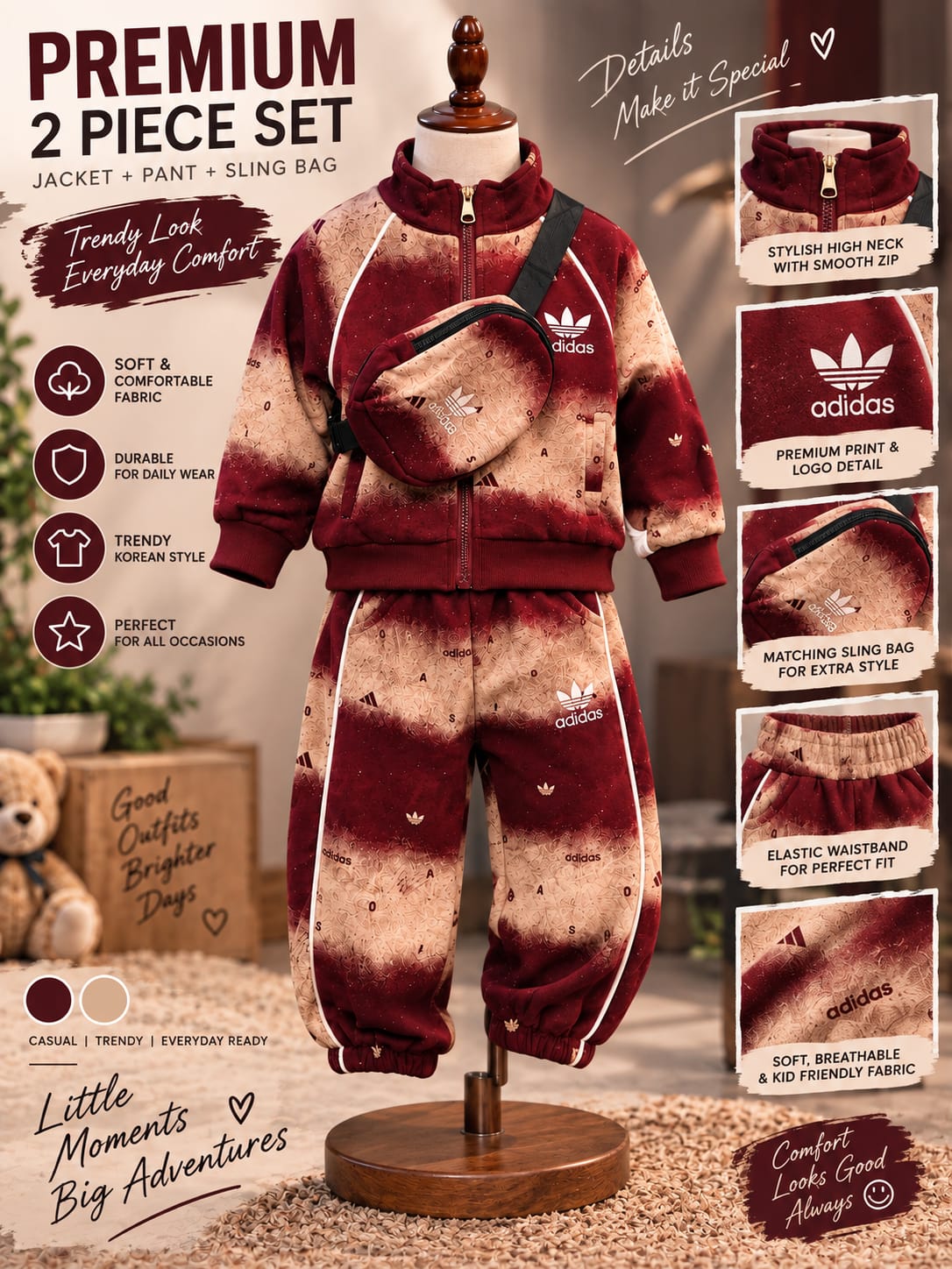 Boys Premium Winter Tracksuit Set with Sling Bag | Zipper Jacket & Jogger Co-Ord Set | 1-6 Years