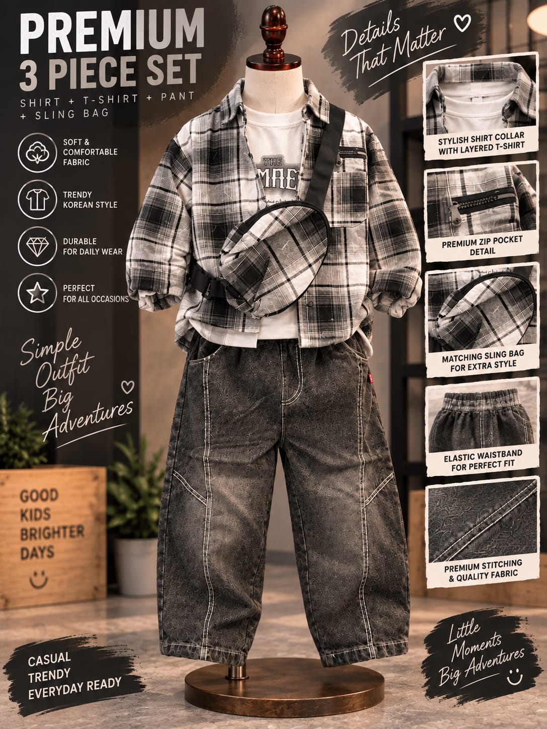 Boys Urban Streetwear 4-Piece Outfit Set | Check Shirt, Printed Tee, Denim Pants & Sling Bag | 1-6 Years
