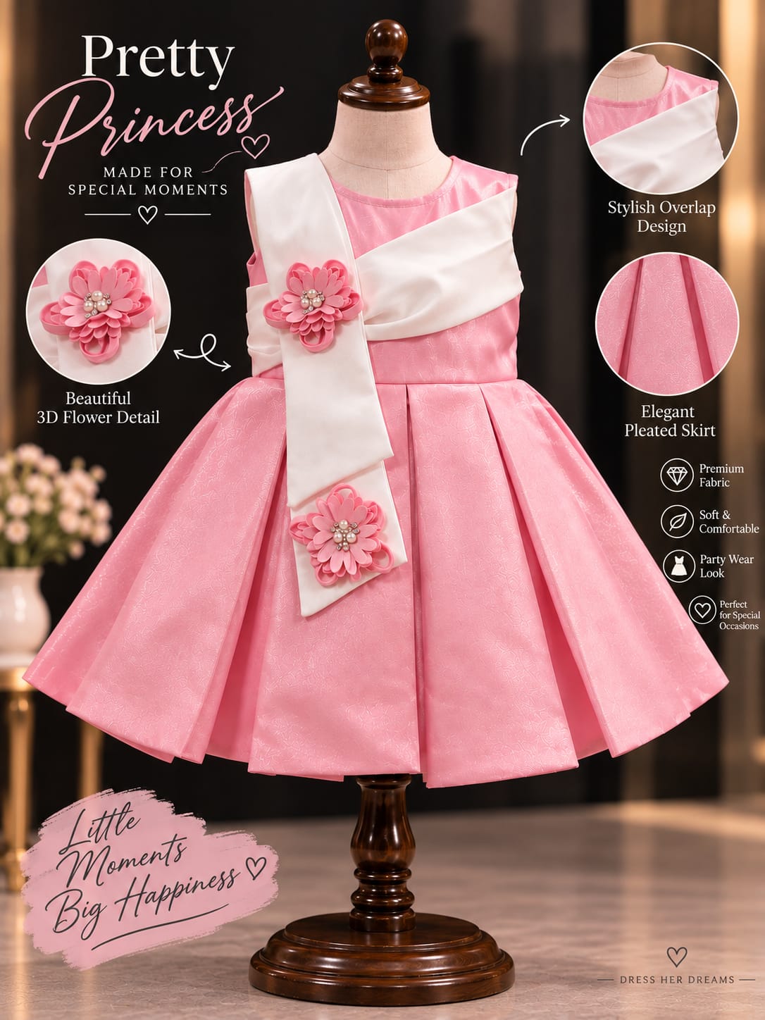 WANSTER Kids Pink Princess Party Dress | Floral Bow Designer Frock for Girls | 1-4 Years