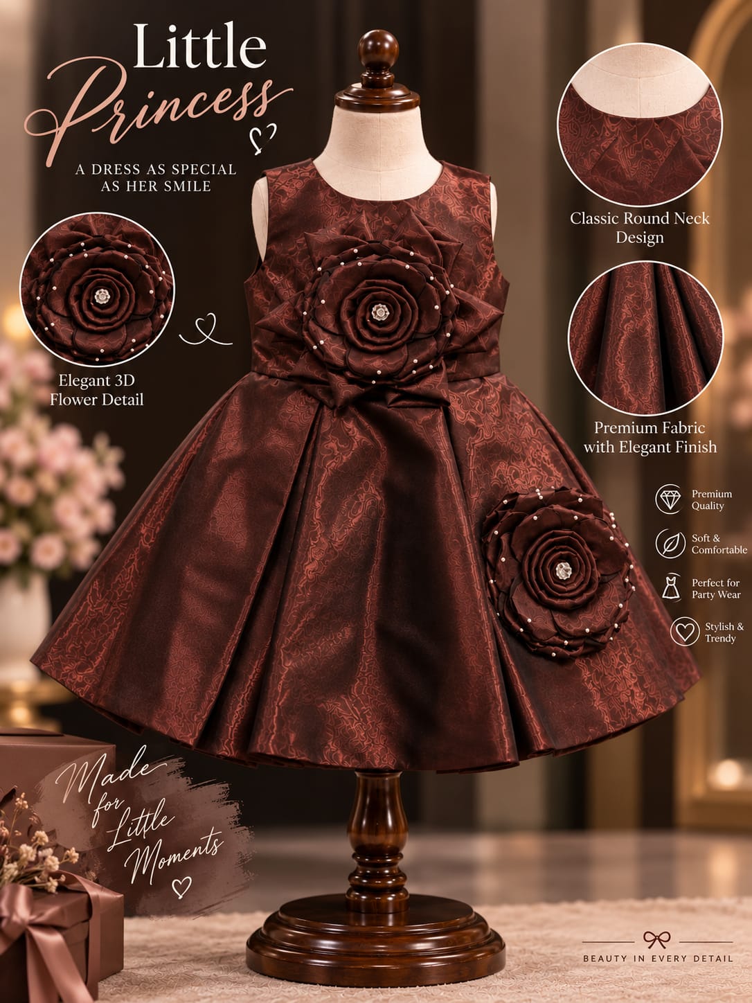 Girls Premium Floral Party Dress | Elegant Maroon Occasion Wear Dress | 1-4 Years