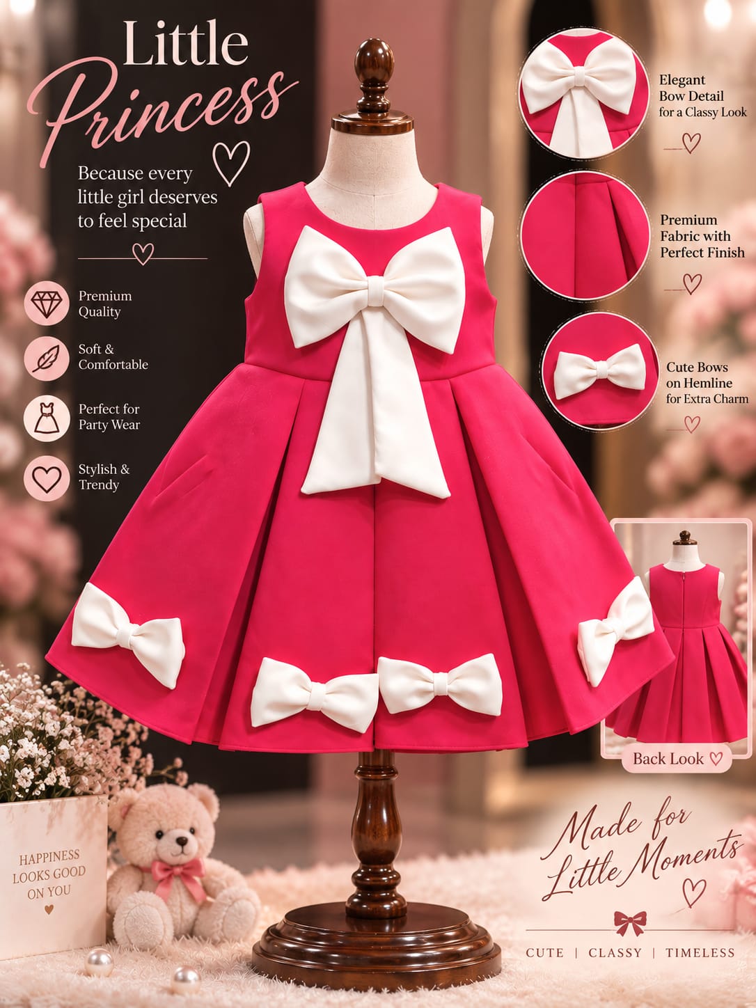 Girls Hot Pink Party Bow Dress | Premium Princess Occasion Dress | 1-4 Years