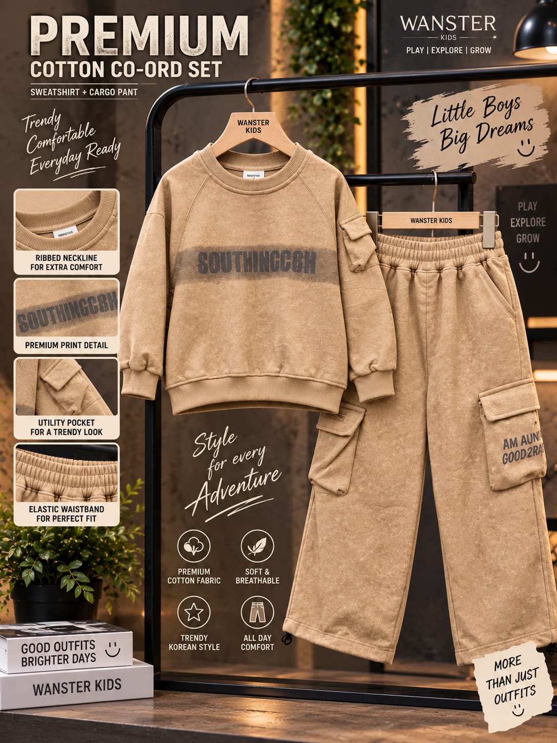 Boys Korean Cargo Co-Ord Set | Premium Beige Sweatshirt & Cargo Pants | 6-11 Years