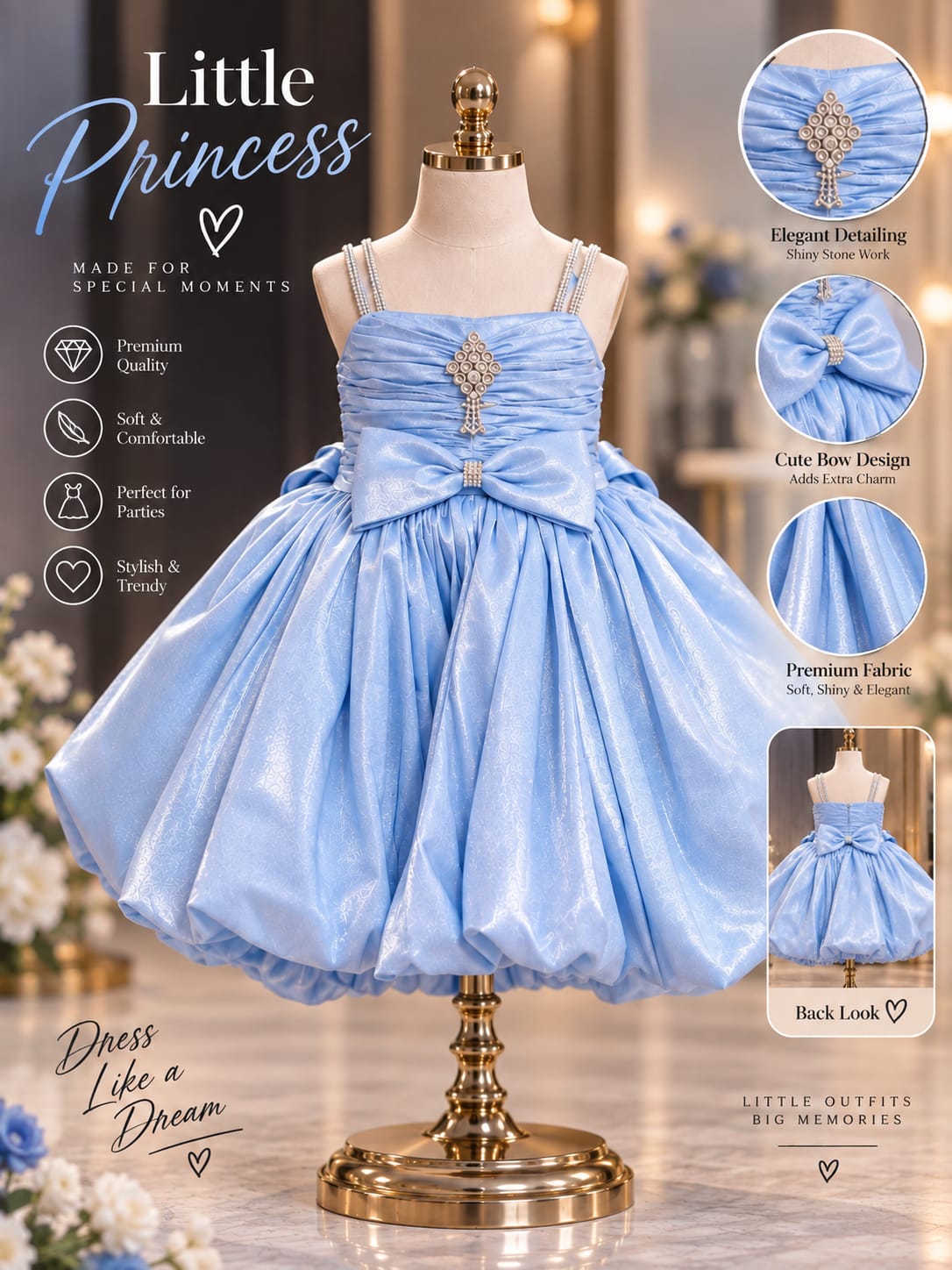 Girls Sky Blue Princess Party Dress | Premium Puffy Occasion Dress | 1-4 Years