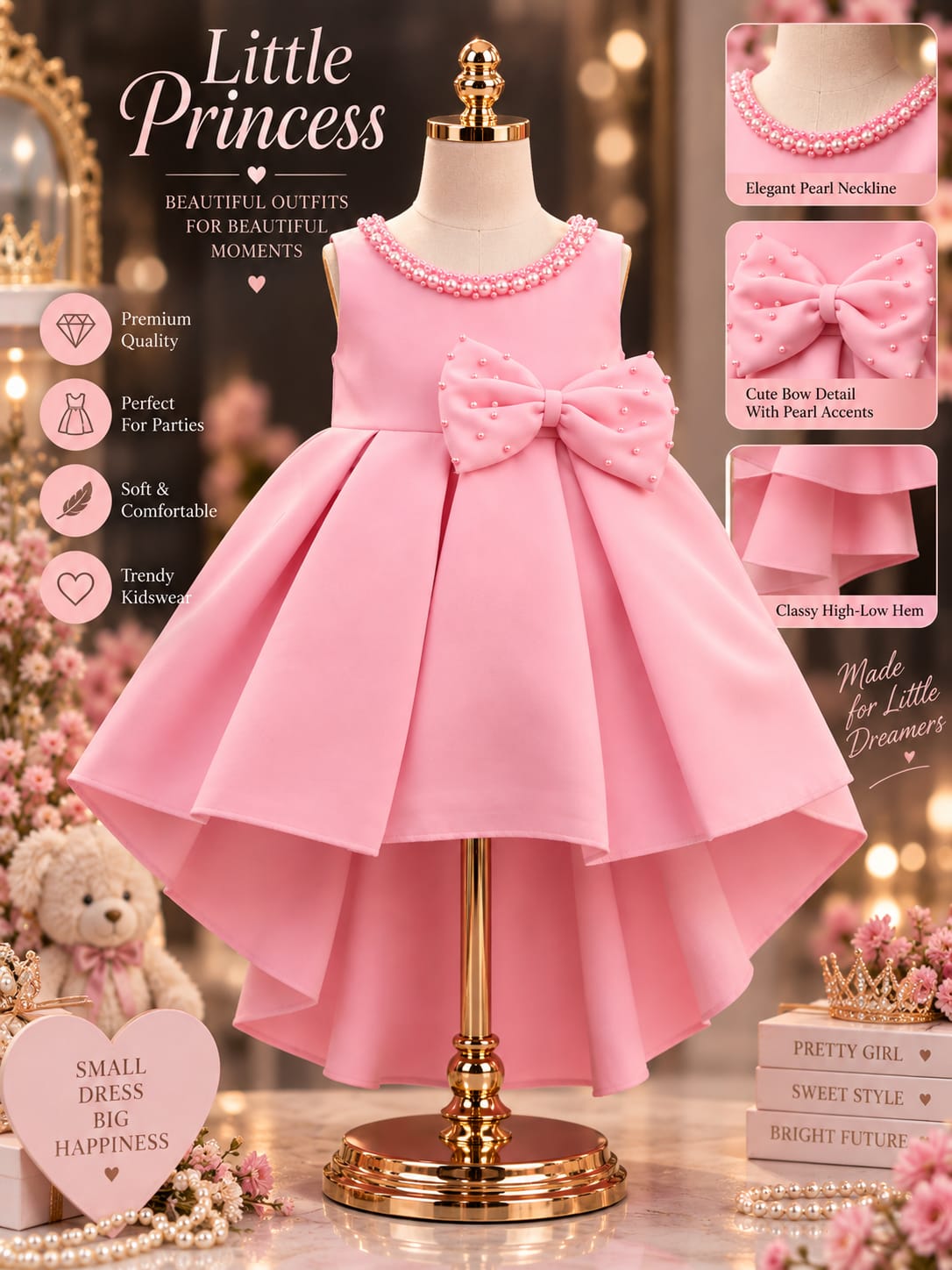 WANSTER KIDS Pink Pearl Bow Party Dress | Girls High-Low Princess Dress | 1-4 Years