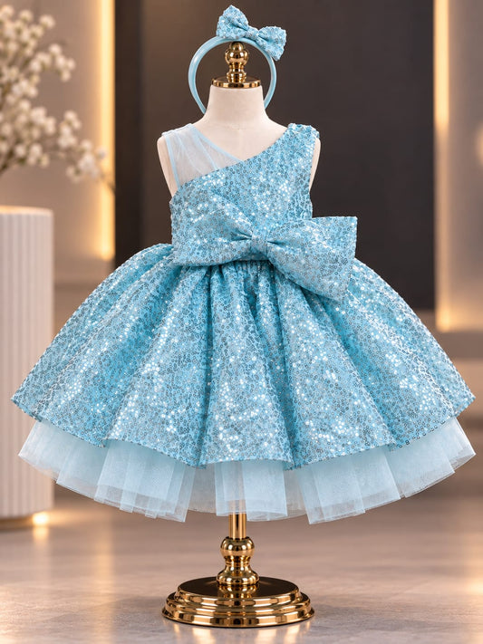 Girls Sky Blue Sequin Party Dress with Headband | Princess Birthday Dress | 1-4 Years