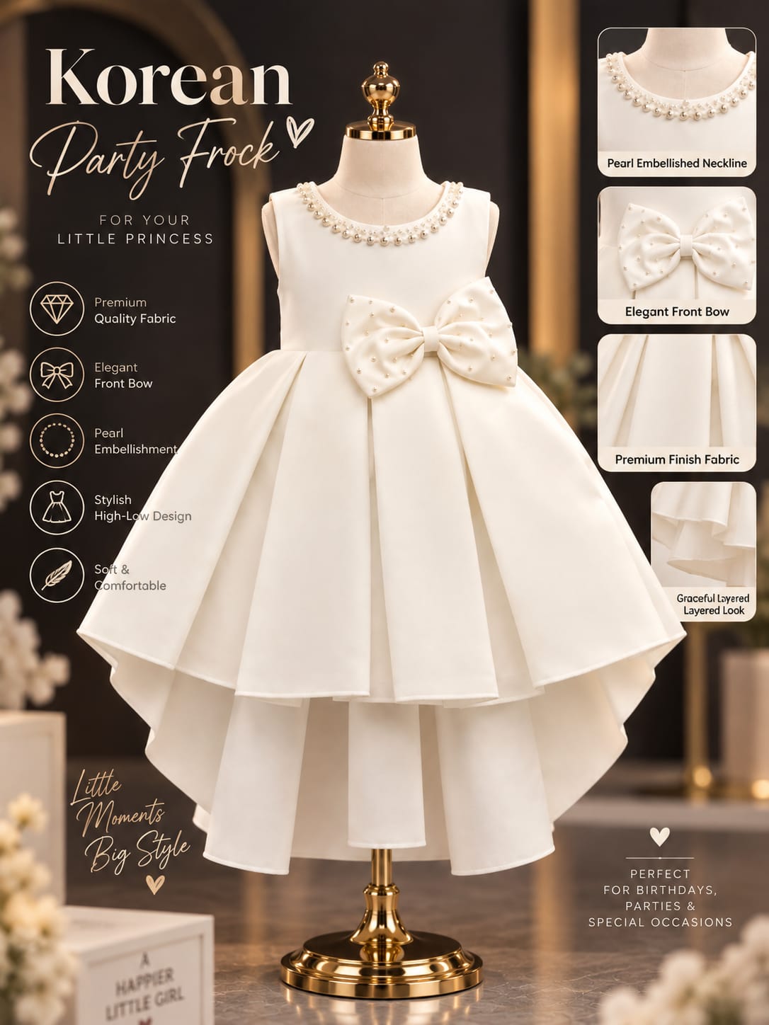 Girls White Pearl Princess Dress | Premium Party Wear Dress | 1-4 Years