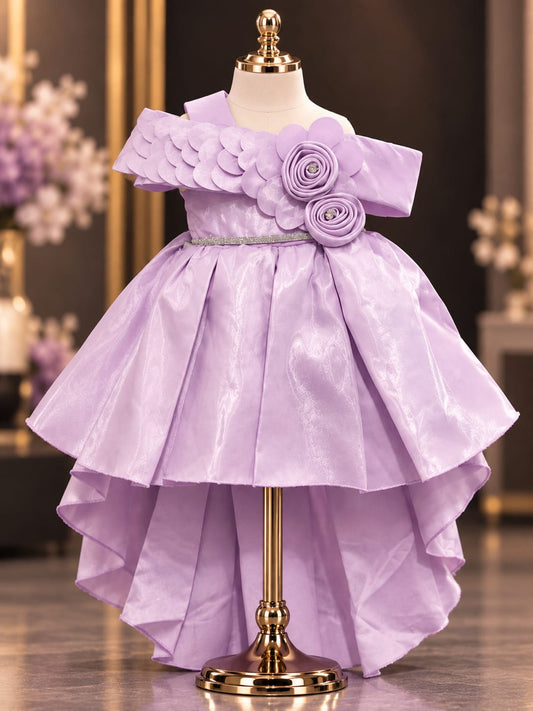 Girls Lavender Purple Off-Shoulder Floral High-Low Party Dress | Elegant Princess Gown | 1–5 Years