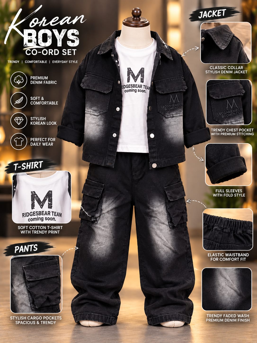 Boys Black Denim Jacket & Cargo Jeans Set with Graphic T-Shirt | Kids Streetwear Co-ord Set | 1–6 Years