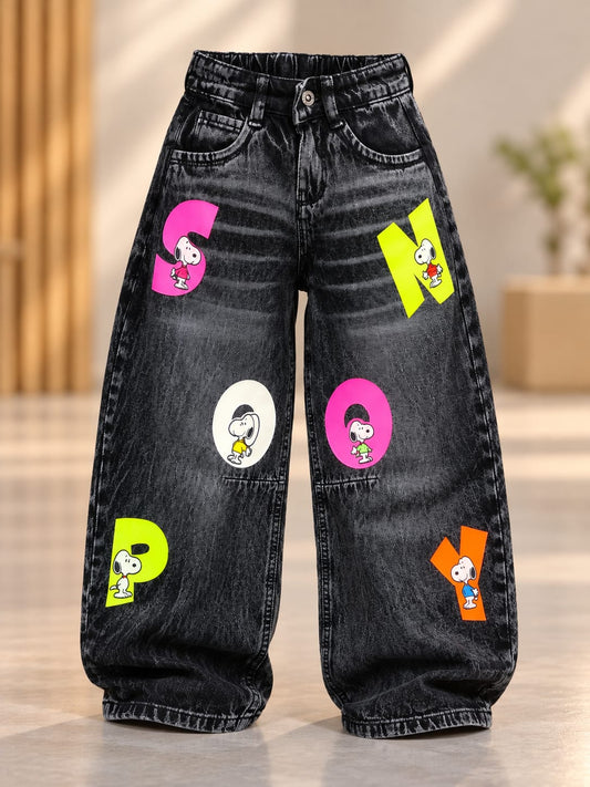 Kids Black Snoopy Printed Baggy Jeans | Korean Streetwear Wide Leg Denim Pants | 4–11 Years