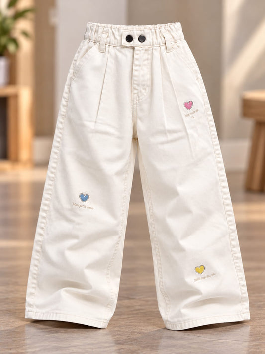Girls White Wide Leg Jeans with Cute Heart Embroidery | Korean Style Kids Denim Pants | 1–6 Years