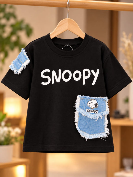 Boys Black Snoopy Graphic T-Shirt with Denim Patch Pocket | Korean Streetwear Oversized Tee | 5–11 Years